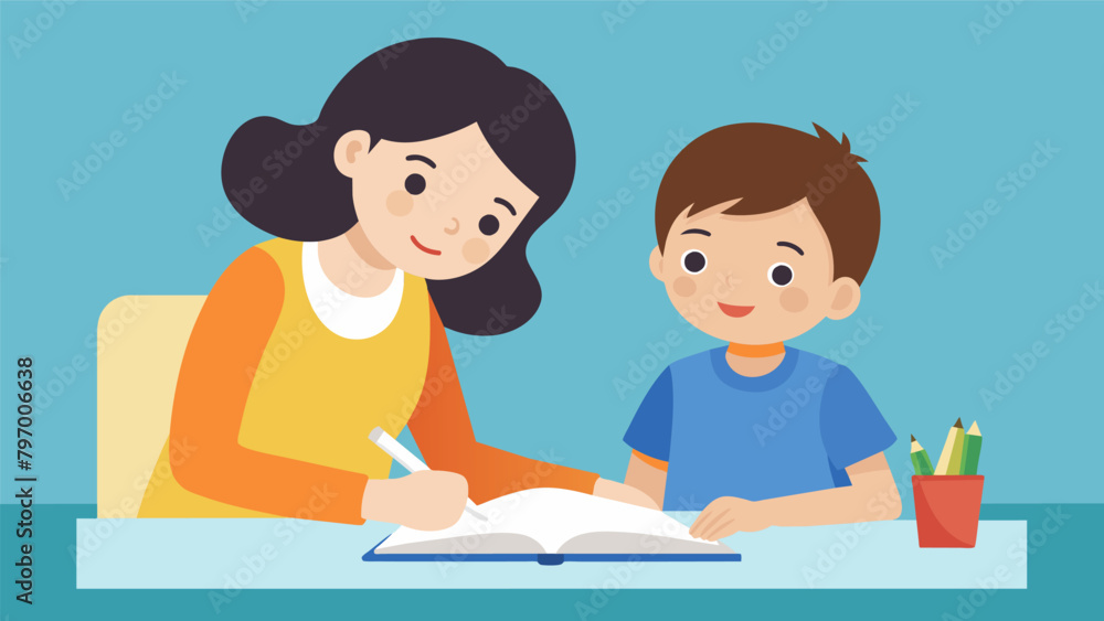 An older sister helps her younger brother with his homework also offering advice and encouragement for his future goals.. Vector illustration An older sister helps her younger brother with his homework also offering advice and encouragement for his future goals.. Vector illustration