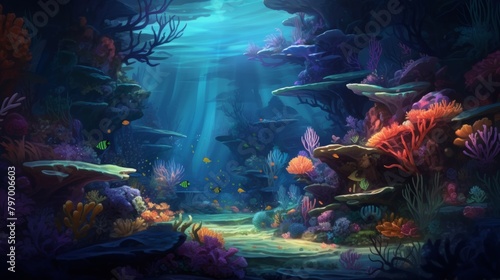 Vibrant underwater scene portraying a magical ocean ecosystem with colorful corals and lively fish © Yusif