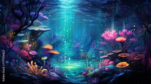 Vibrant underwater scene portraying a magical ocean ecosystem with colorful corals and lively fish
