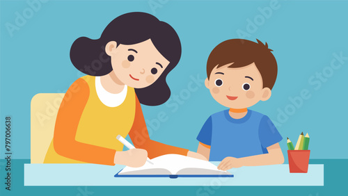 An older sister helps her younger brother with his homework also offering advice and encouragement for his future goals.. Vector illustration