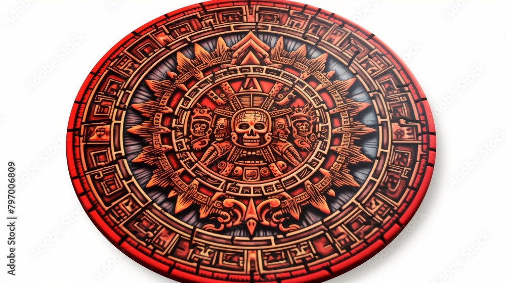 Intricate Aztec calendar design with vibrant fiery colors on black background