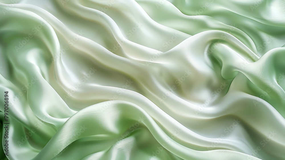 Fototapeta premium Salt green and white colors, light green silk fabric, wavy resin sheets in the style of undulating curves, high resolution, soft edges, clean background, closeup of fabric, product photography, depth