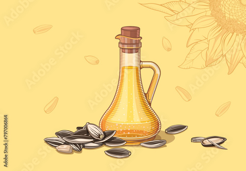 A handful of sunflower seeds near a carafe with oil. Elements for creating posters or advertising for a farm, a health food store. Vegetarian ingredients for cooking. Background with a pattern.