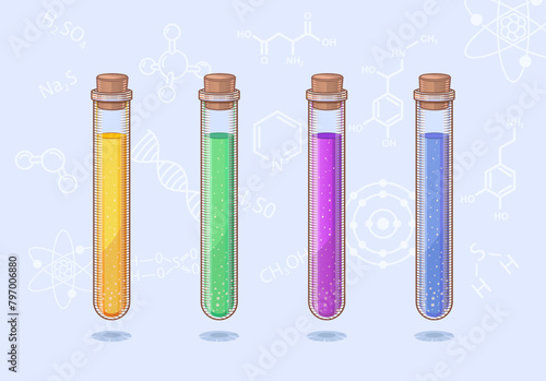 Chemical test tubes with multi-colored liquid. Elements for an online master class on the site. Advertising of chemistry courses for school and college. Home experiments for children and parents