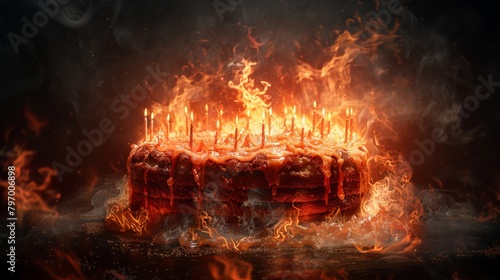 A fiery birthday cake engulfed in flames with tall candles under dramatic lighting