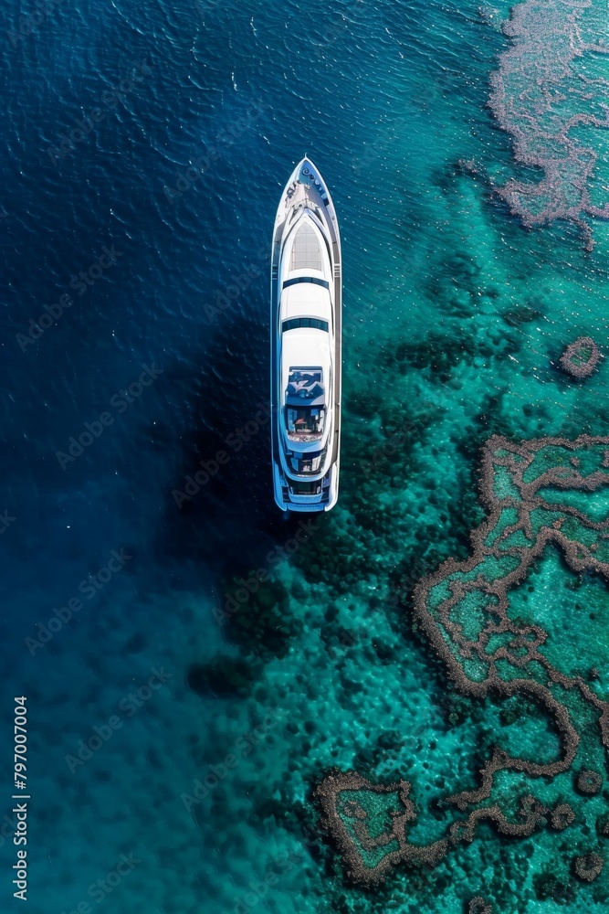 Aerial view of luxury yacht in sea water. Aerial view of luxury yacht in sea water.