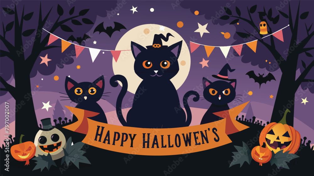 Welcome to the enchanting Halloween night, where black cats join the festivities with pumpkins, bats, and the full moon casting a spellbinding glow. Haunting banner illustration.
Welcome to the enchanting Halloween night, where black cats join the festivities with pumpkins, bats, and the full moon casting a spellbinding glow. Haunting banner illustration.