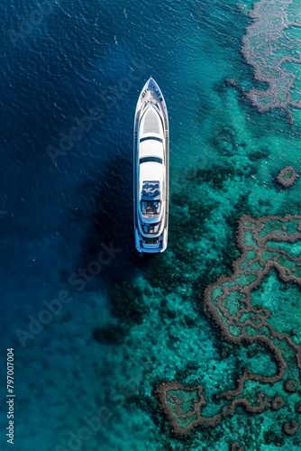 Aerial view of luxury yacht in sea water.
