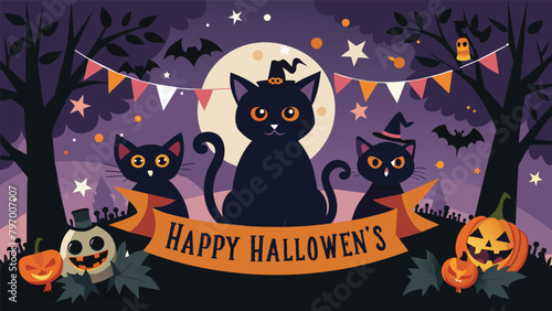 Welcome to the enchanting Halloween night, where black cats join the festivities with pumpkins, bats, and the full moon casting a spellbinding glow. Haunting banner illustration.

