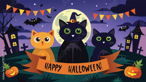 Step into the shadowy Halloween night, where black cats are invited to a mysterious gathering amidst pumpkins, bats, and the full moon shining in the background. Ominous banner illustration.
