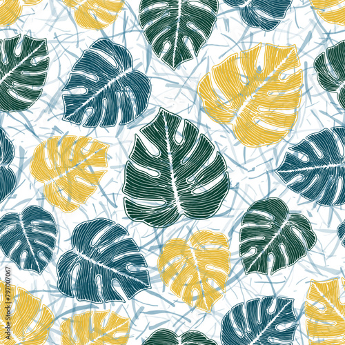 Philodendron bush foliage floral seamless ornament over noisy background.