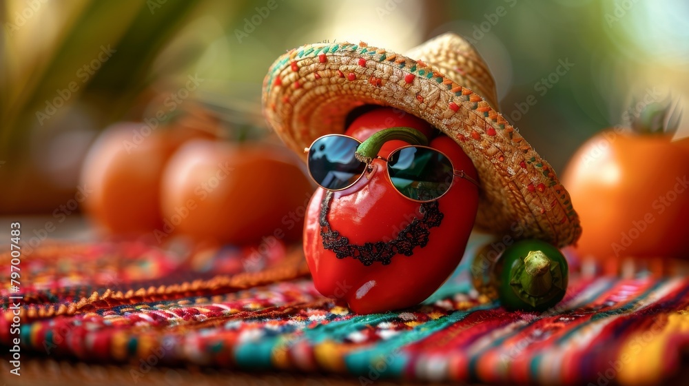 Cheerful chili pepper in a sombrero and sunglasses on a colorful backdrop