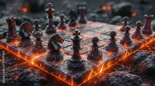 A fiery chessboard engulfed in flames, set amidst a dark, mystical forest photo