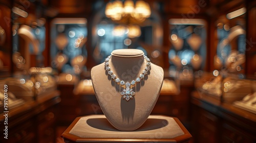 Reflective Moment in Luxurious Jewelry Store with Diamond Necklace, generative ai