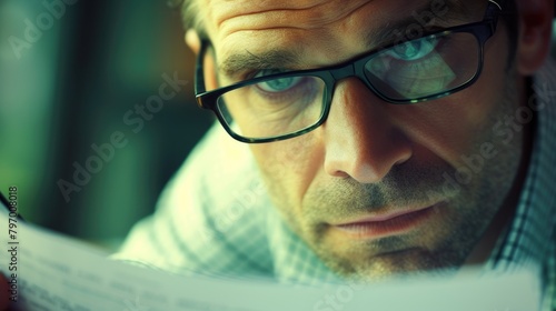 Close up of old ages business man with glasses focus on reading a newspaper or marketing strategy report. Project manager checking business report paper while making decision for investment. AIG42.
