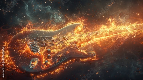 Fiery electric guitar engulfed in flames and sparks depicting powerful music photo