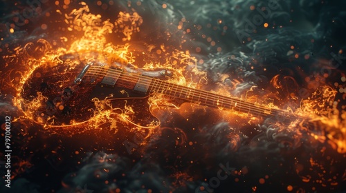 Fiery electric guitar engulfed in flames and sparks depicting powerful music photo