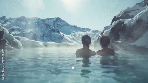 Female relax in hot spring spa with snow mountain in winter.