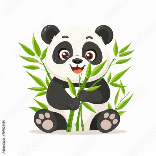 A cute panda with bamboo leaves over white background