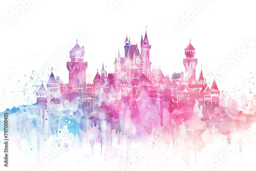Watercolor Pink Magic Castle Isolated on White Background