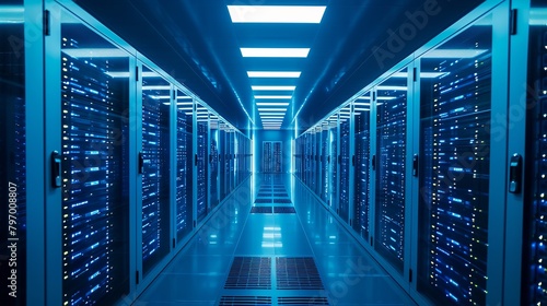 Blue-lit data center with rows of server racks, focus on network and technology infrastructure. photo