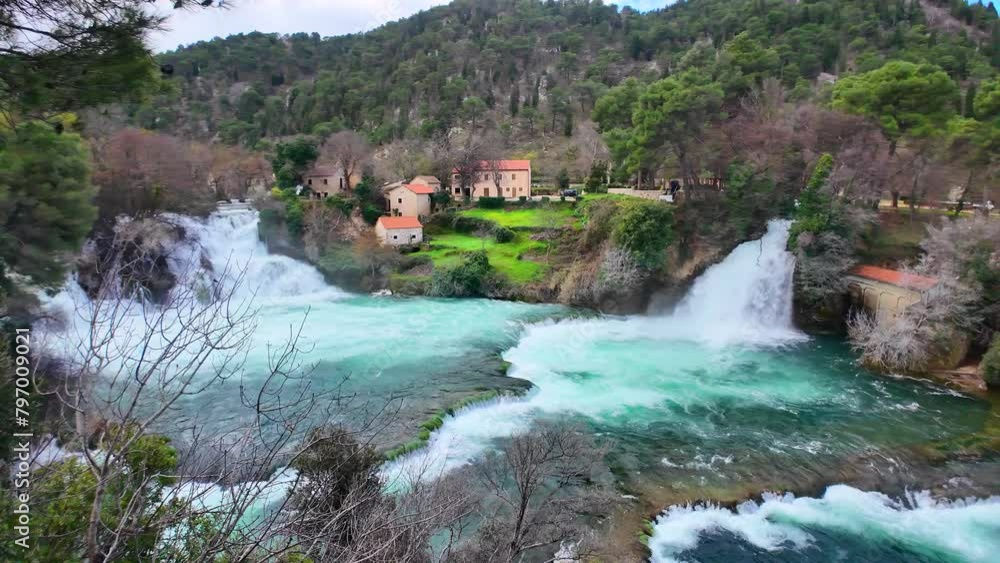 Waterfalls in Krka National Park in Croatia. Overview of the upper part of the waterfalls. Waterfalls in Krka National Park in Croatia. Overview of the upper part of the waterfalls.