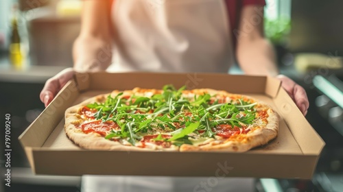 Person holding a fresh pizza with arugula topping in a cardboard box, ready for delivery.