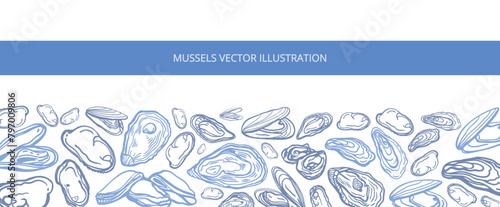Isolated vector set of seafood. Mussels. Hand drawn seafood delicacy, restaurant and marine cafe menu. Design template.
