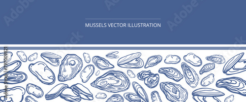 Isolated vector set of seafood. Mussels. Hand drawn seafood delicacy, restaurant and marine cafe menu. Design template.