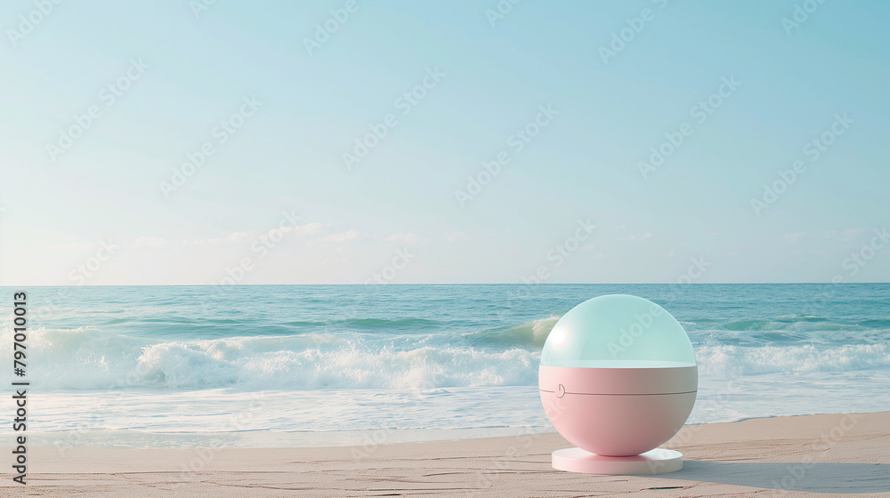 Geometric beach ball on shore against a calm sea Geometric beach ball on shore against a calm sea