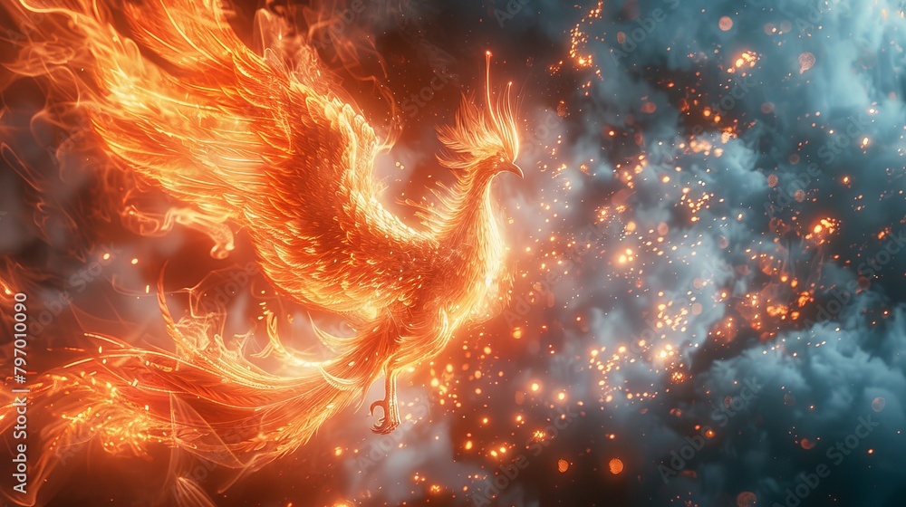 Majestic fiery phoenix rising amidst a blaze, symbolizing rebirth and transformation