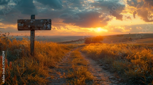 Rustic pathway at sunset with wooden signpost
