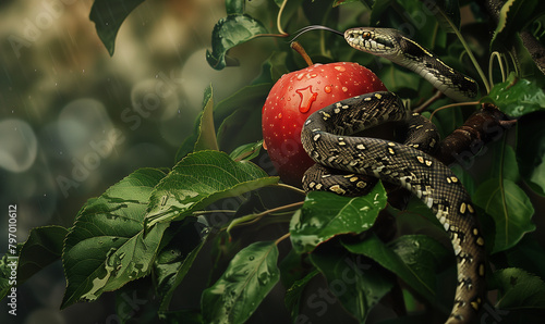 View of a snake and an apple, symbolizing original sin. This motif refers to the biblical story where the snake tempts Eve to eat the fruit from the forbidden tree.