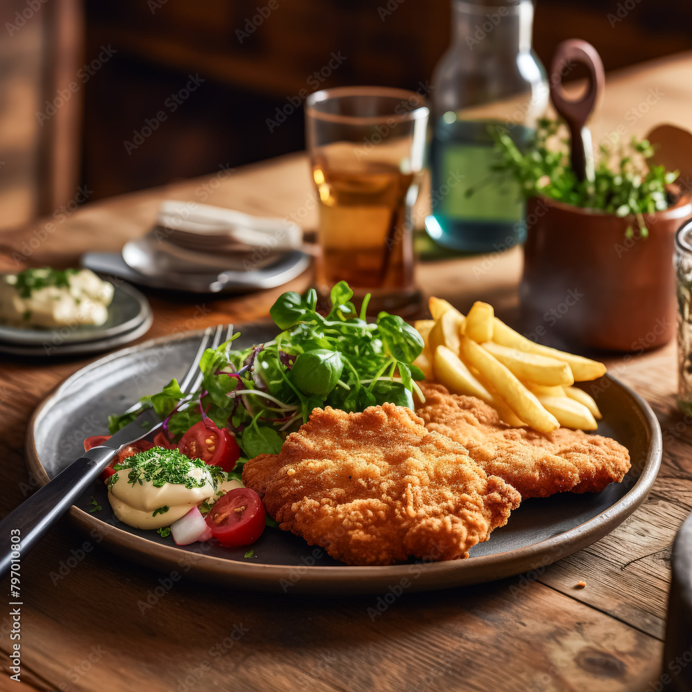 A plate of fried fish and fries with a lemon wedge on top. The plate is set on a wooden table with a bottle and a cup nearby