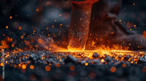 Intense craftsmanship in metalworking: A chisel striking glowing molten metal with fiery sparks flying photo