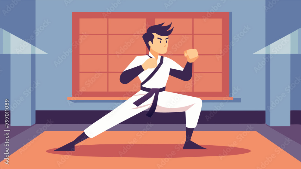 A lone practitioner gracefully exeing a series of intricate punches and kicks in an empty dojo. A lone practitioner gracefully exeing a series of intricate punches and kicks in an empty dojo.