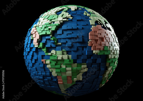 Conceptual 3d render of earth structured with colorful bricks against a dark background