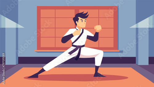 A lone practitioner gracefully exeing a series of intricate punches and kicks in an empty dojo.