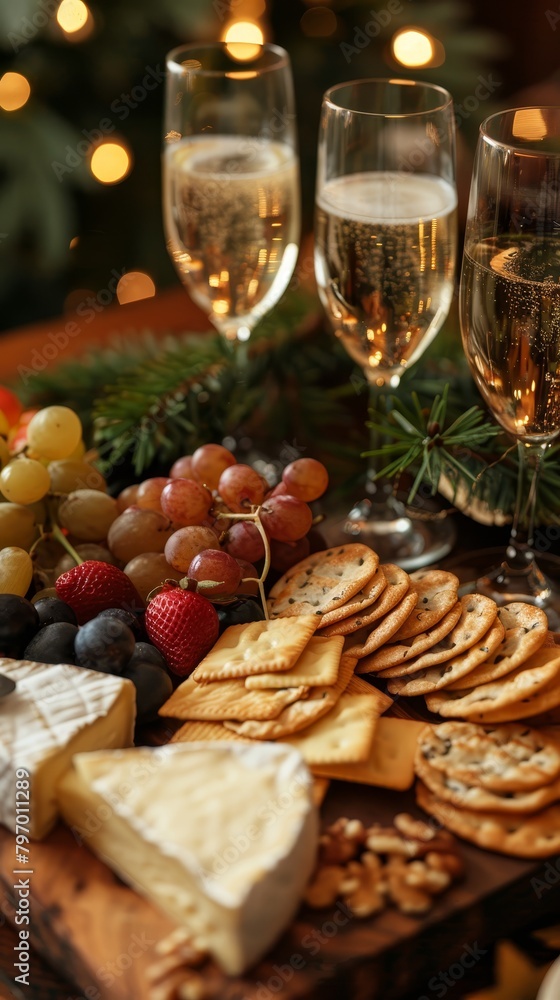 Engage in the elegance of sparkling wine paired with a luxurious cheese spread.