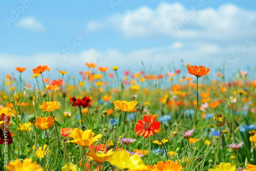 A vibrant field of blooming wildflowers stretching towards the horizon
