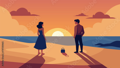 As the sun dipped below the horizon the couple found themselves locked in deep conversation their shadows stretching across the sandy beach.. Vector illustration