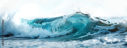 Close-up of a beautiful textured turquoise sea wave on a white background.