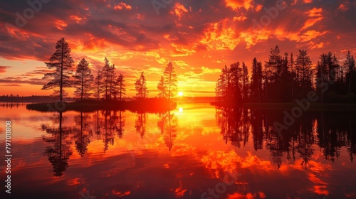 Stunning fiery sunset over a serene lake with perfect reflection and silhouetted trees