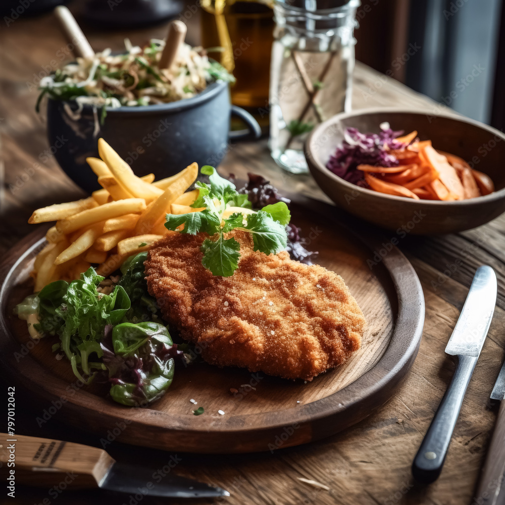 A plate of fried fish and fries with a lemon wedge on top. The plate is set on a wooden table with a bottle and a cup nearby A plate of fried fish and fries with a lemon wedge on top. The plate is set on a wooden table with a bottle and a cup nearby