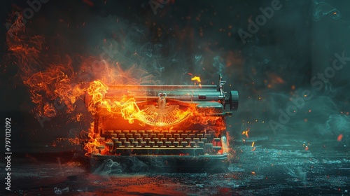 Fiery vintage typewriter with mystical smoke and glowing keys on a dark background