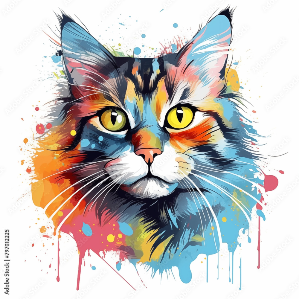  Bright watercolor portrait of a cat with splashes 
