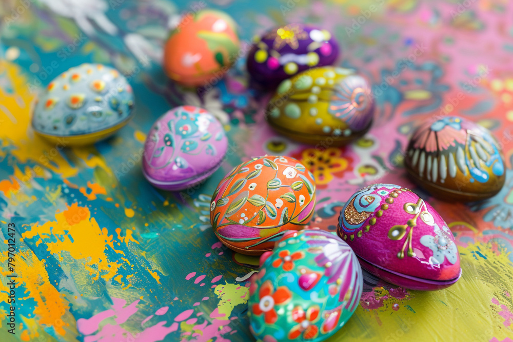 A vibrant, Easter-themed magnet set clings to a colorful, metal surface, its bright, shiny designs and delicate, magnetic details creating a sense of joy.