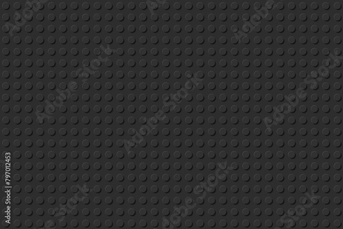 Black plastic construction plate. Plastic toy blocks or bricks with circles combined into plate. Seamless constructor background. Vector illustration.