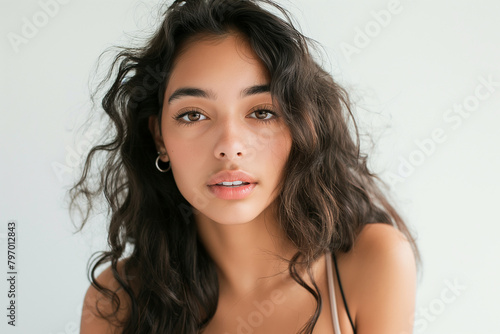 A latina woman with long hair and a tan tank top