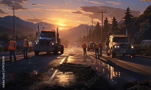Road construction crew at work during golden hour sunset photo